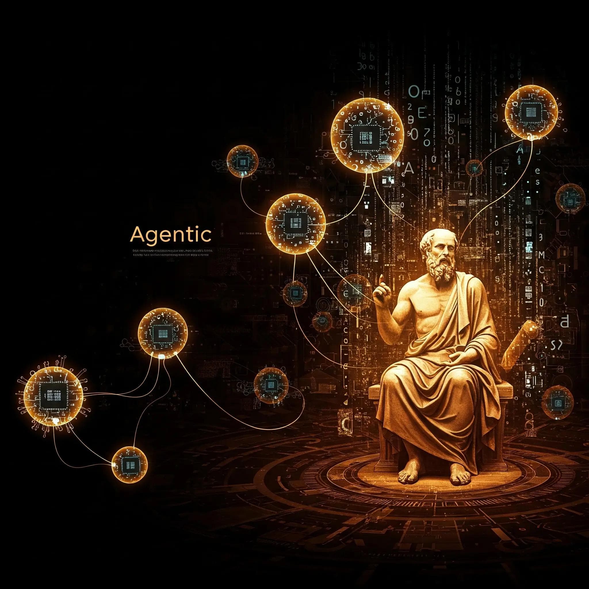 Digital reimagining of an ancient Greek philosopher, resembling Socrates, seated in a futuristic amphitheater surrounded by floating AI orbs making autonomous decisions, blending classical wisdom with advanced technology
