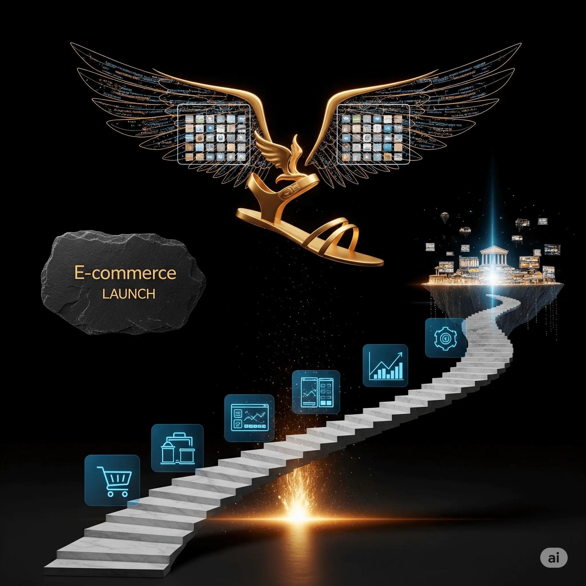 A black background showcases a vibrant, abstract digital artwork. A golden winged sandal, Hermes's symbol, is reimagined with flowing code strands and glowing product grids, suspended in mid-air. Below, a marble staircase ascends from a spark of light, with holographic icons (shopping cart, product mockup, dashboard, climbing graph) floating at each step, narrating a story of growth. In the distance, a floating digital marketplace glows on the horizon. The word "E-commerce" is subtly carved into an ethereal slate on the middle-left. The color palette features onyx black, celestial gold, cool digital blue, and hints of crimson amber, creating a sacred yet sleek visual that symbolizes the modern entrepreneur's journey.